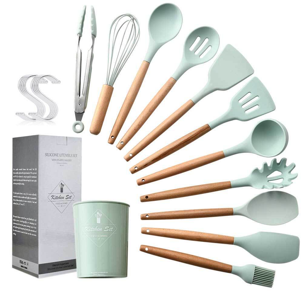 Aqua Storage Bucket with Wooden Handle Silicone Cookware Set