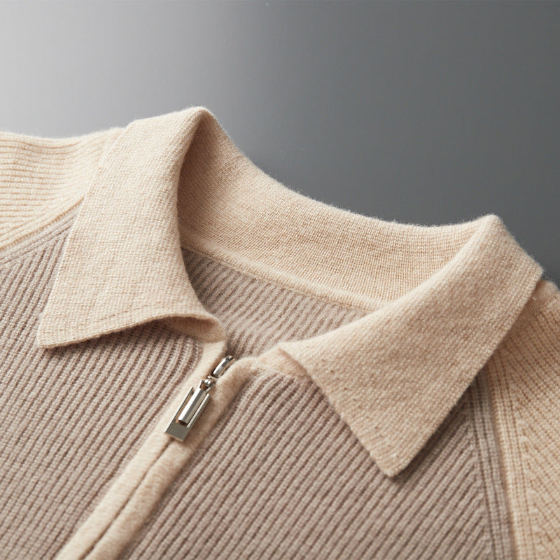 Men's Half Zipper Contrast Lapel Pullover Sweater in Wheat Camel