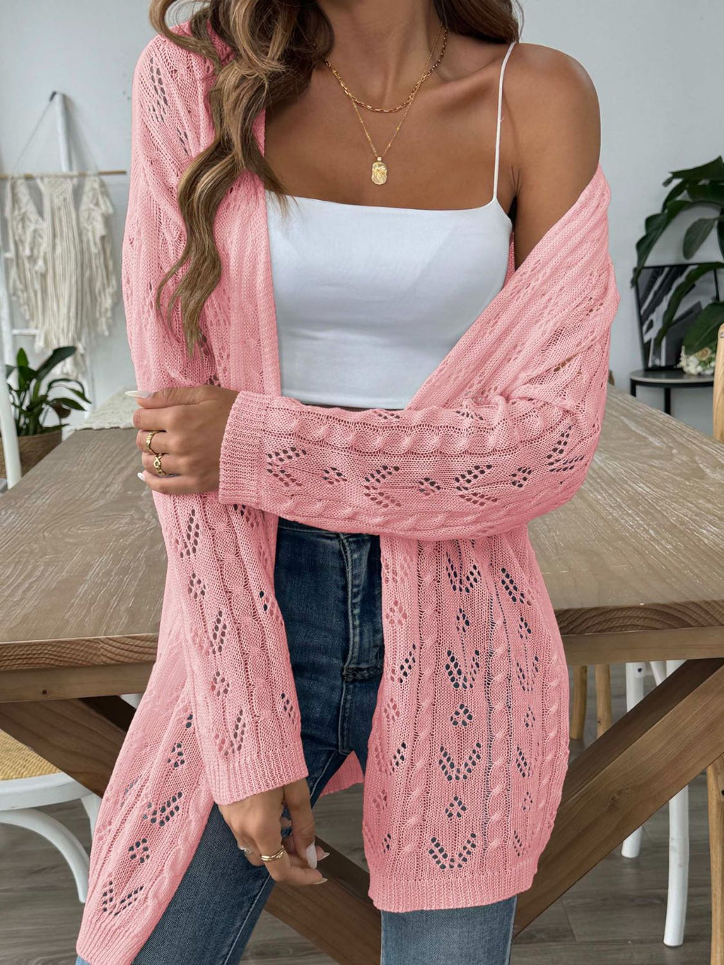 White Openwork Open Front Long Sleeve Cardigan Lightweight Knit - Image 9