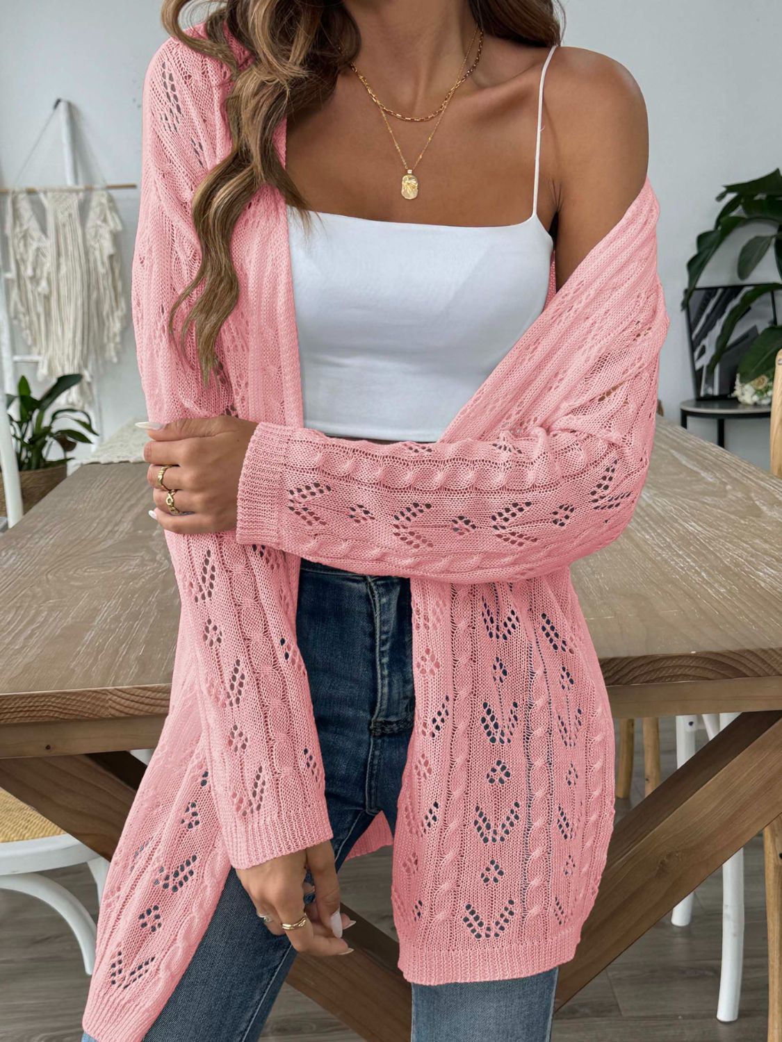 White Openwork Open Front Long Sleeve Cardigan Lightweight Knit - Image 9