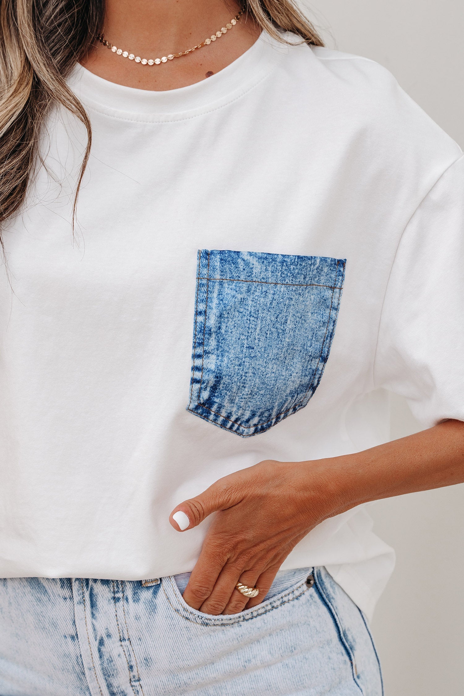 Colorblock Chest Pocket Patch Short Sleeve Top