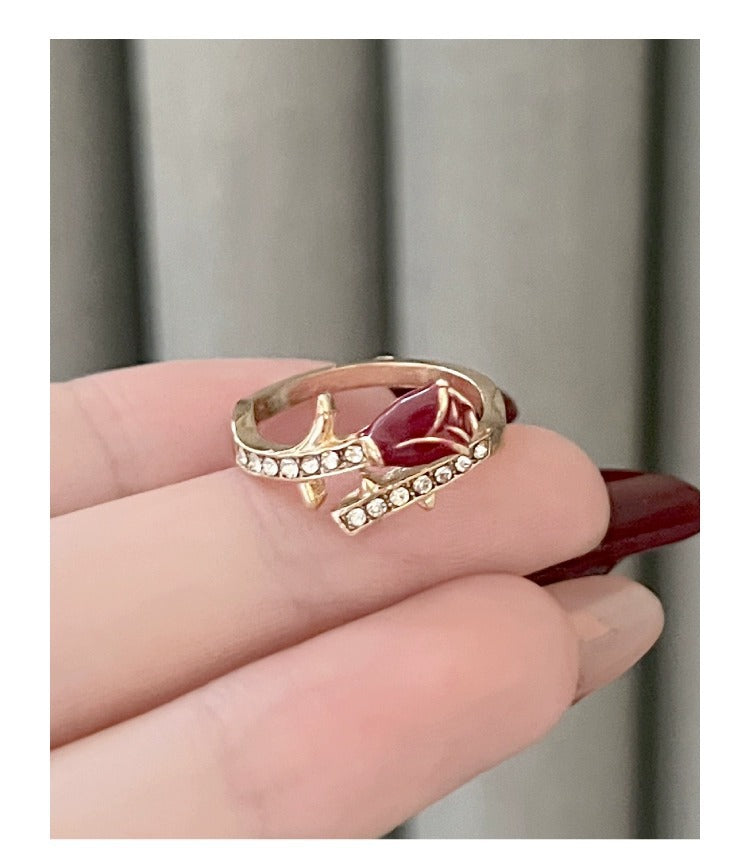 Enamel Red Rose Ring For Women, Light Luxury New Year Index Finger Ring, Open Adjustable Niche Design Delicate Ring