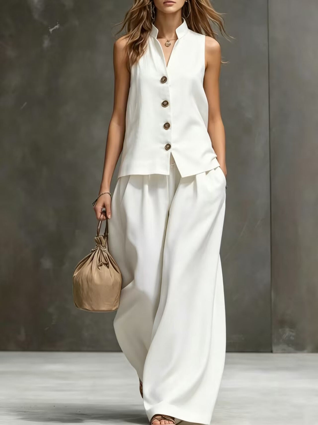 Sleeveless Vest & Wide-Leg Pants Two-Piece Cotton Linen Set