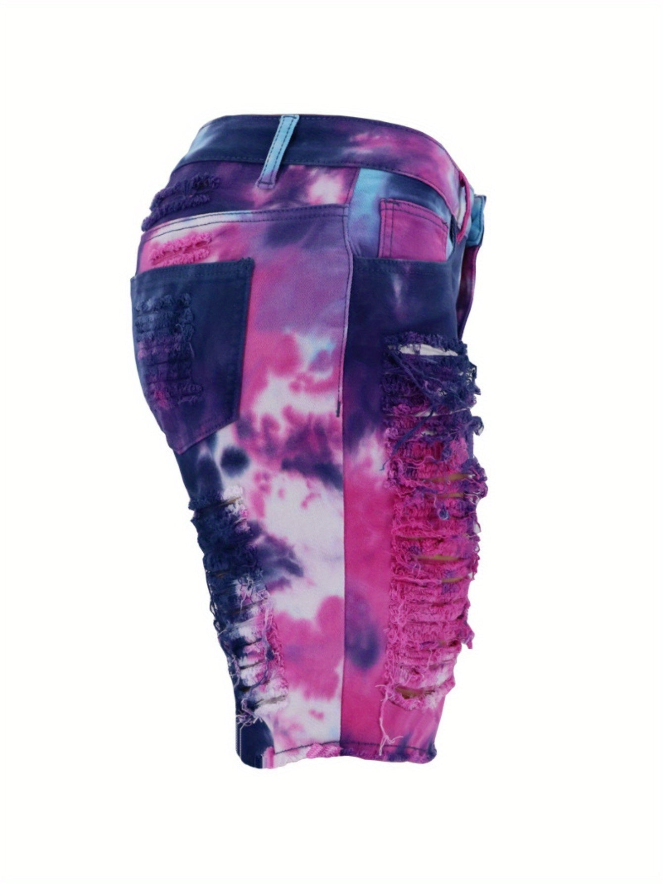 Women High Waist Tie-Dye Distressed Denim Mid-Length Shorts - Image 6