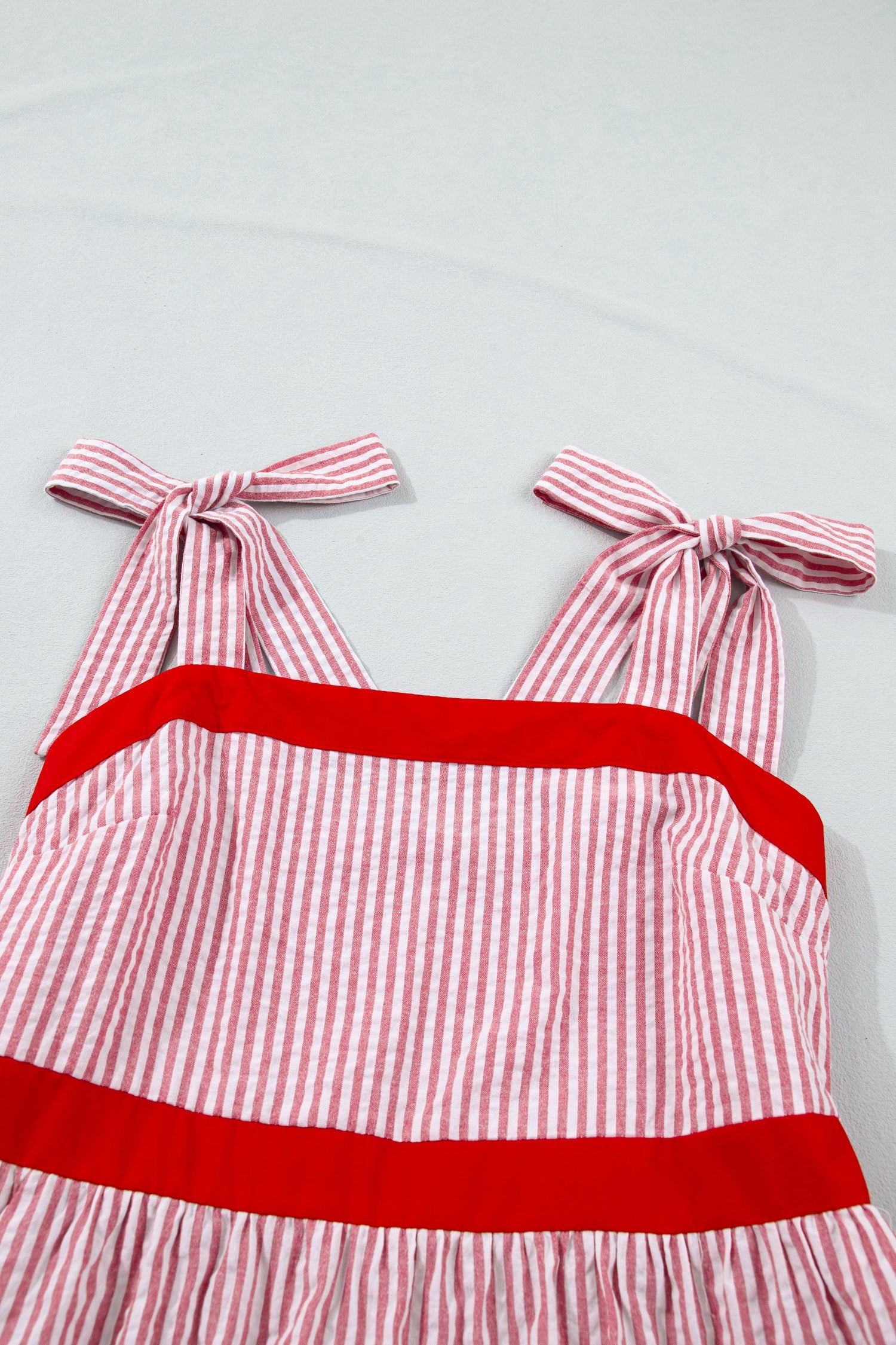 Stripe Bow Tie Straps Ruffle Hem Maxi Dress in Red and White
