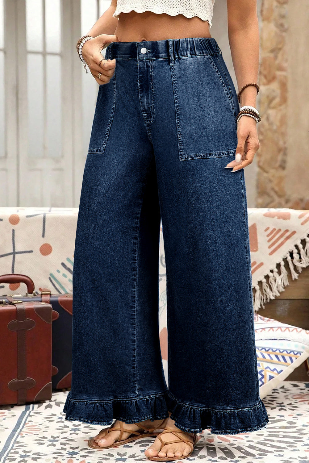 Black Elastic Waist Ruffled Wide Leg Denim Pants