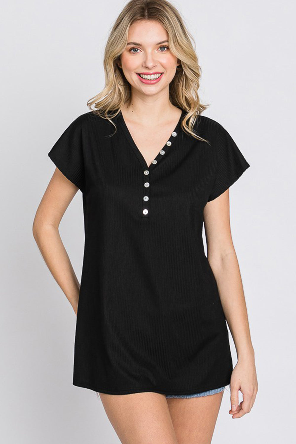 Women's Ribbed Knit V-Neck Button-Up Short Sleeve Casual T-Shirt - Image 4
