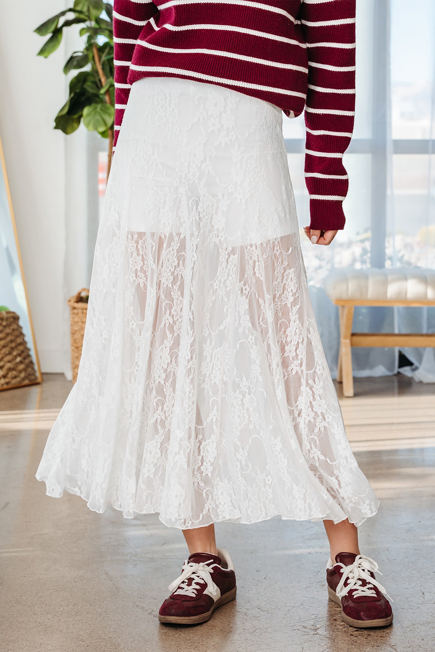 Women's Floral Lace Sheer Flowy Maxi Skirt in White
