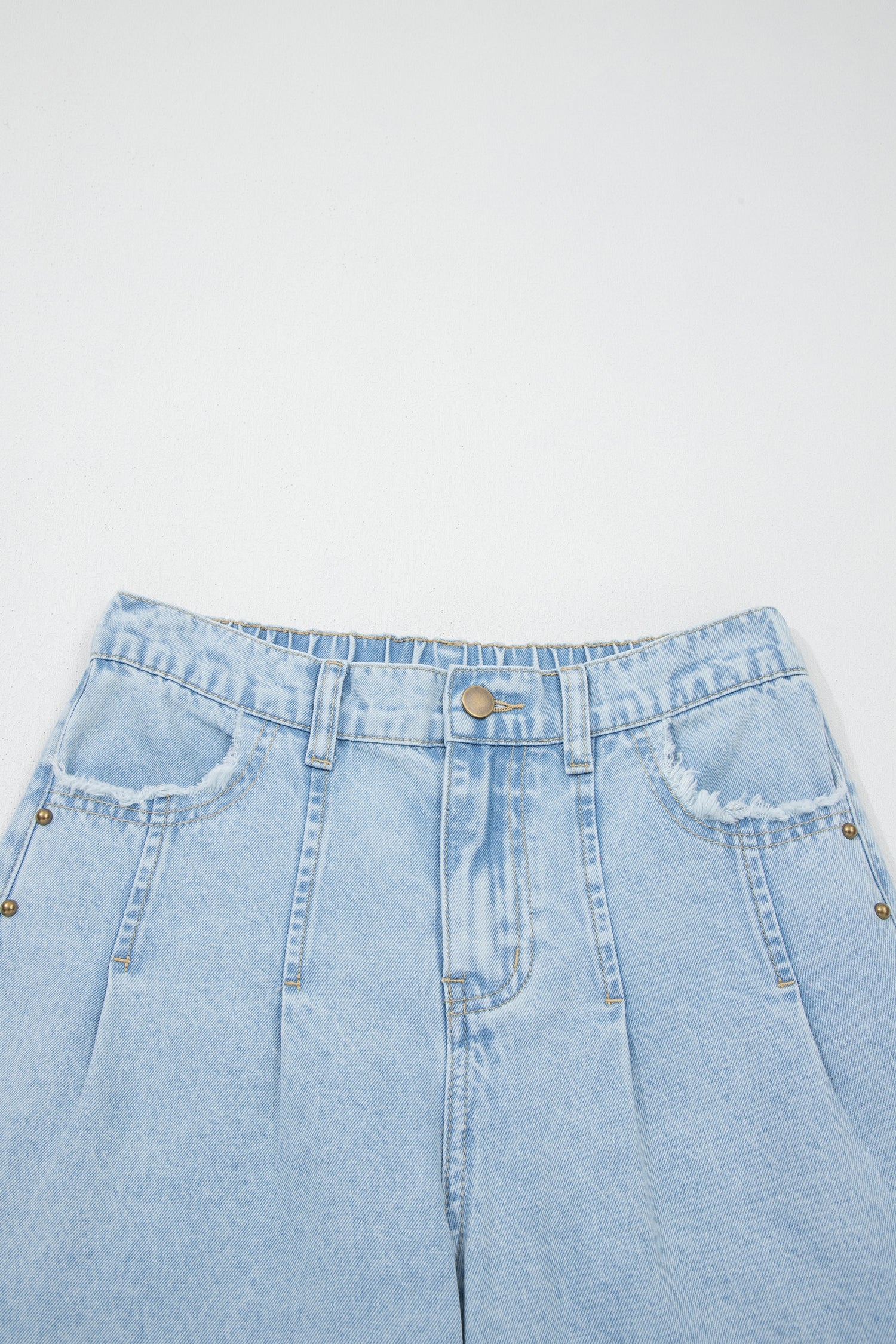 Beau Blue Studded Wide Leg Jeans with Side Slit & Frayed Hem