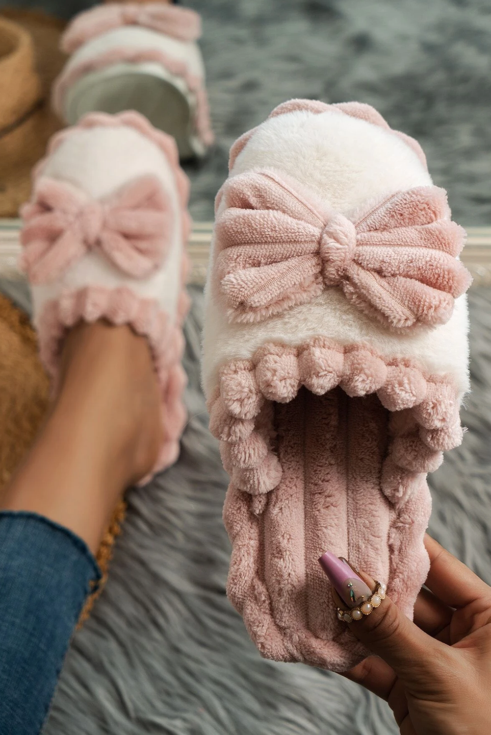 Fushia Bow Plush Winter Slipper | Cozy Indoor Footwear
