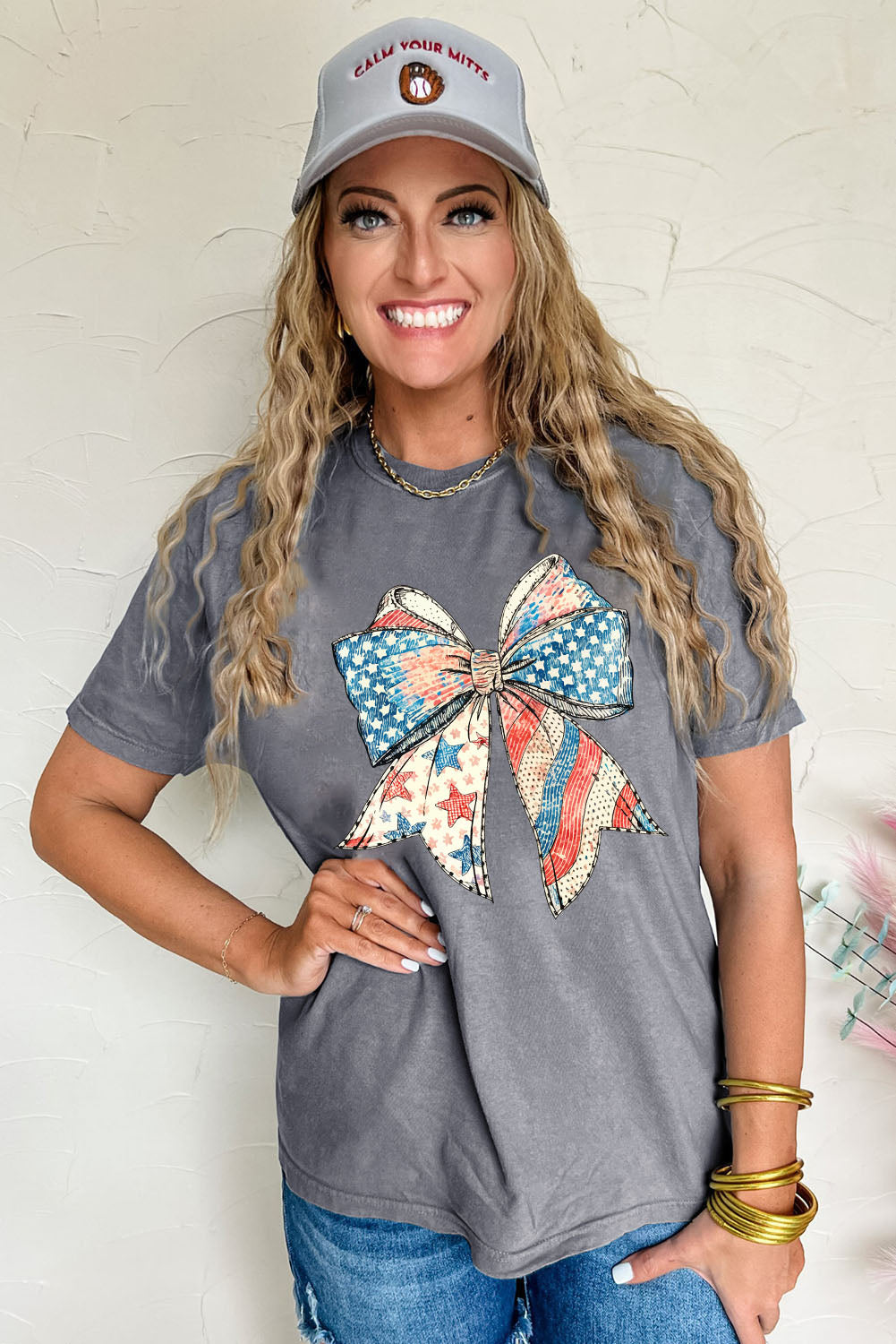 Gray USA Flag Bow Print Round Neck Loose T-Shirt