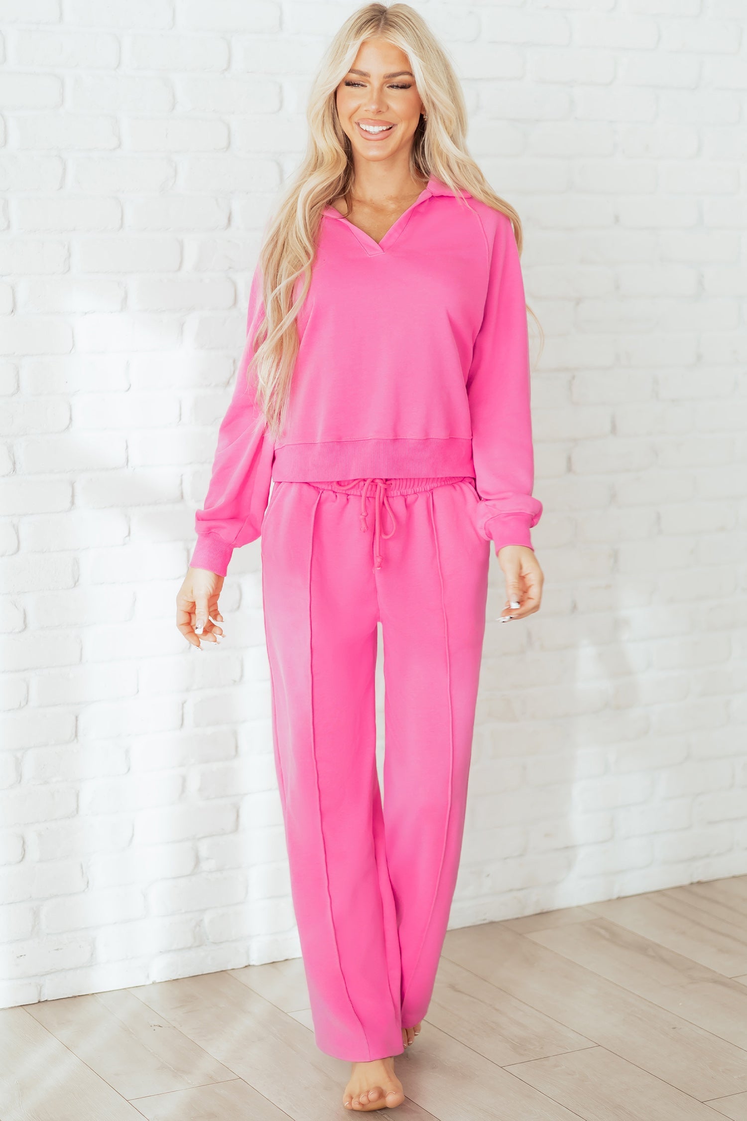 Women's Solid Collared Top and Central Seam Pants Loungewear Set