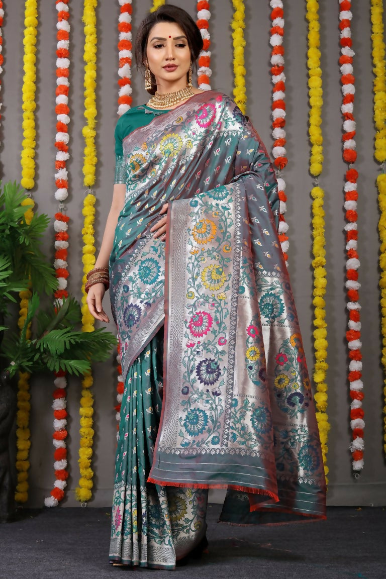 Bottle Green Banarasi Silk saree with zari woven borders and matching blouse