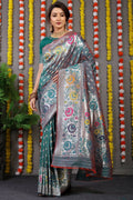 Bottle Green Banarasi Silk saree with zari woven borders and matching blouse