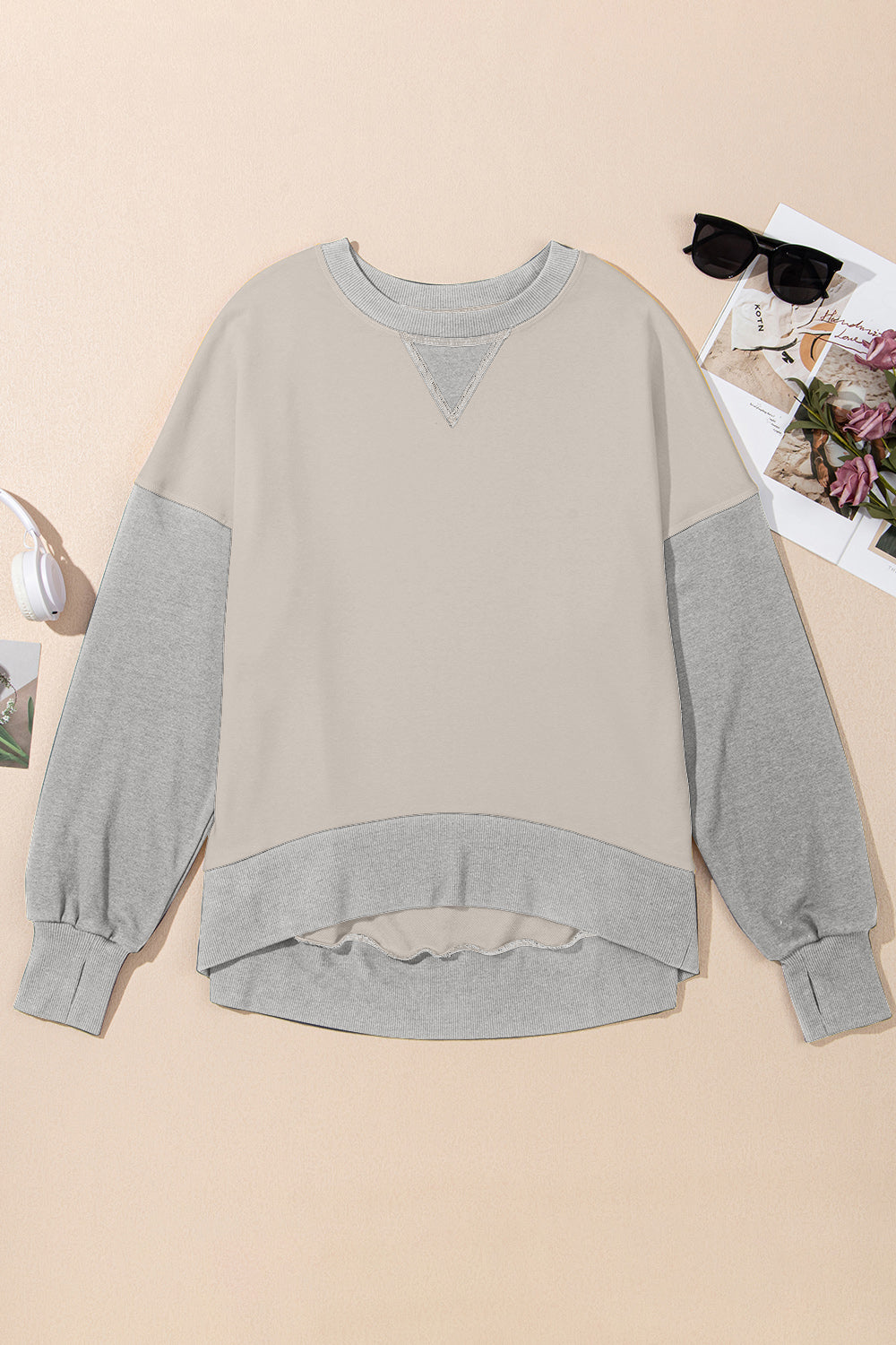 Women's Contrast Crewneck Sweatshirt in Beige and Grey