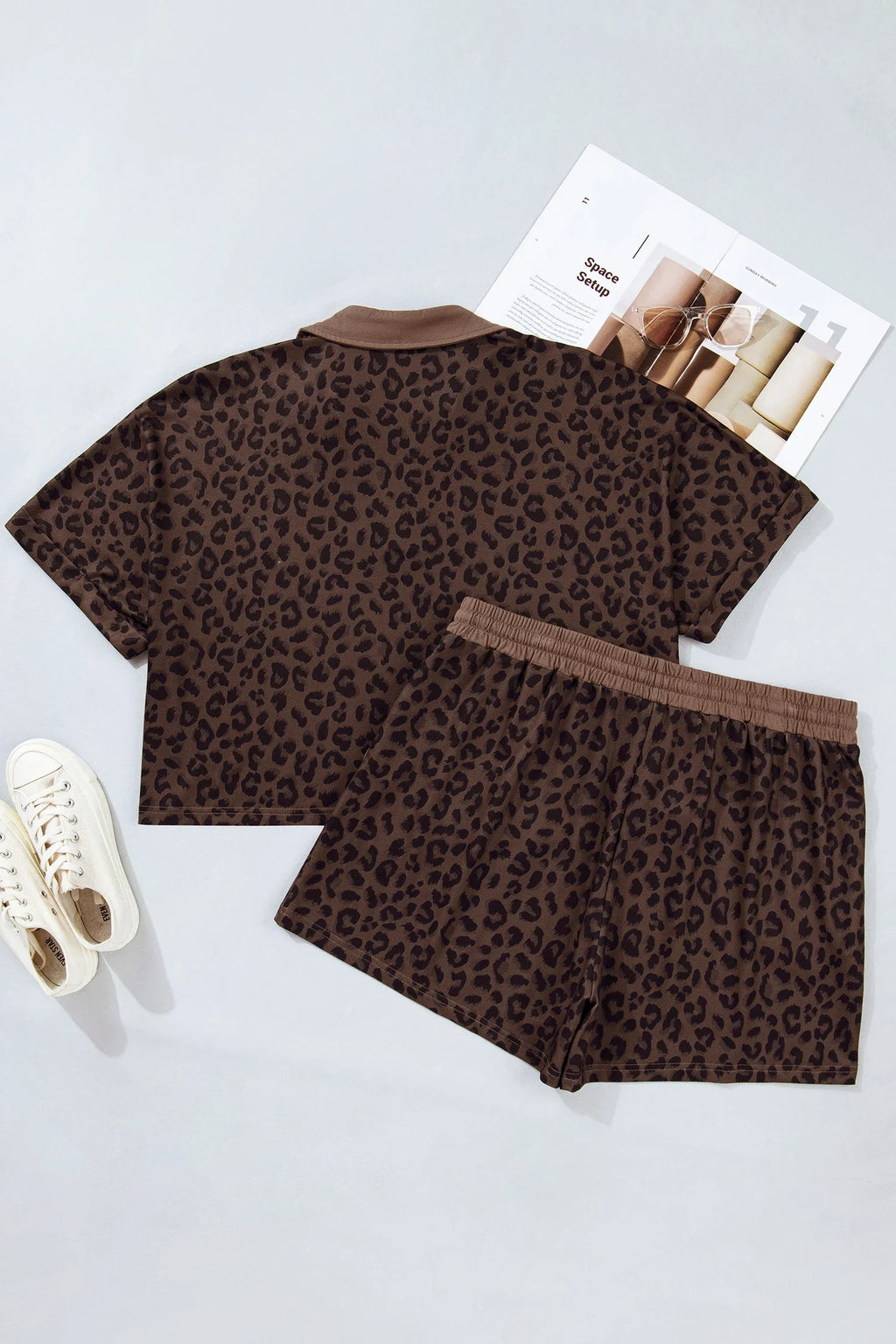 Leopard Print Collared Top and Drawstring Shorts Set - Image 3