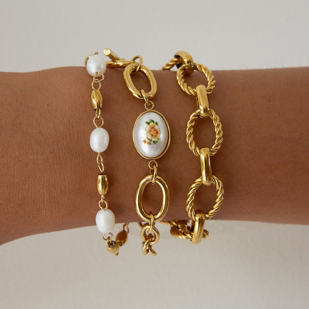 18K Gold Plated Titanium Steel Freshwater Pearl Link Bracelet