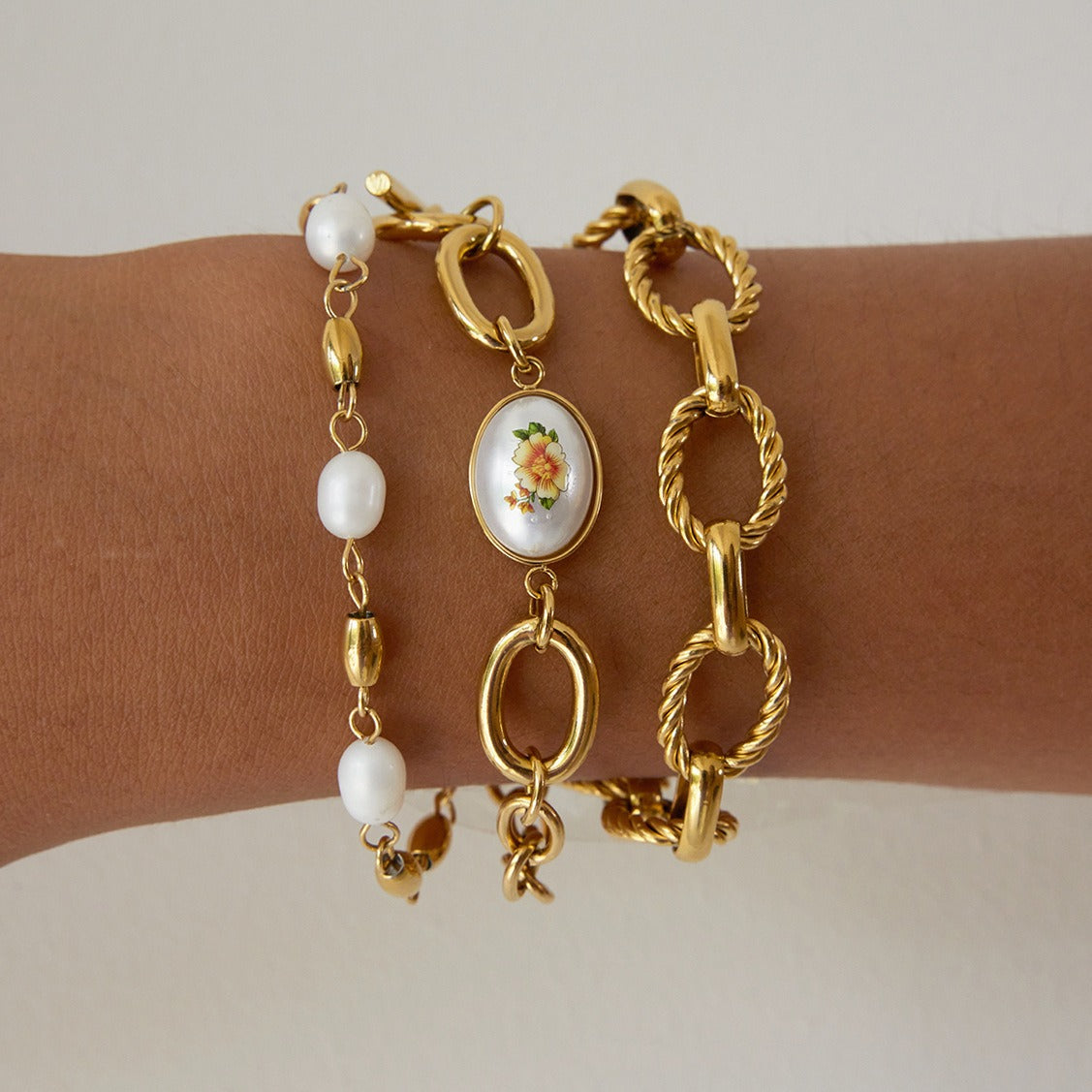 18K Gold Plated Titanium Steel Freshwater Pearl Link Bracelet