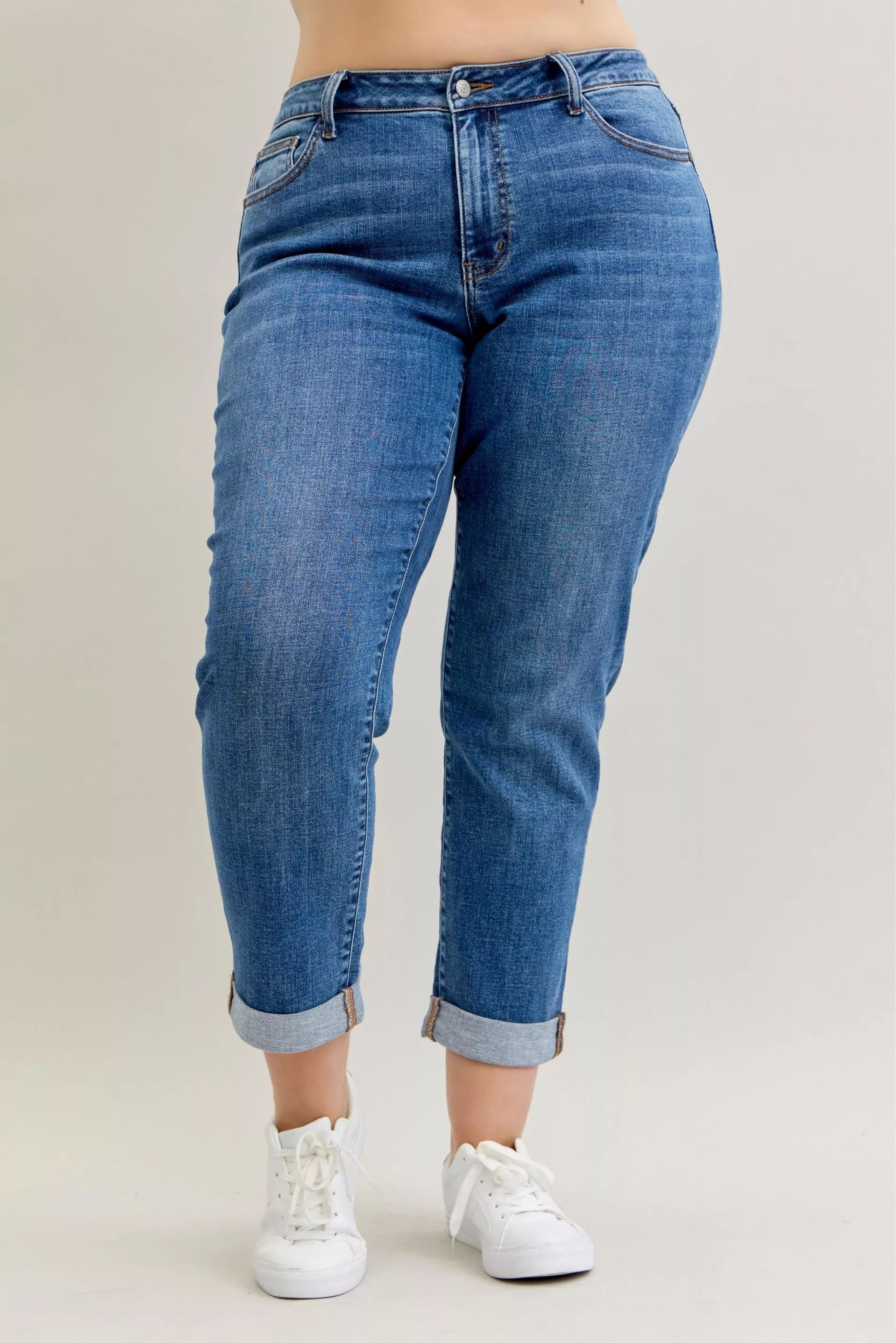 Judy Blue Mid Rise Boyfriend Cuffed Jeans | Stretch Denim