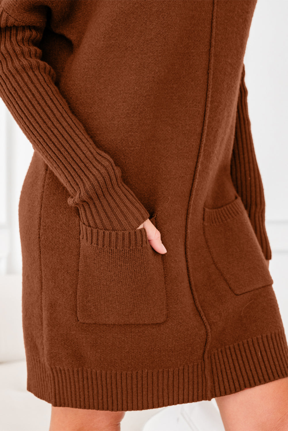 Women's Ribbed Mock Neck Sweater Dress in Brown and Red