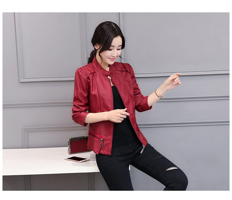 Women's Korean-Style Slim Fit Motorcycle Leather Jacket