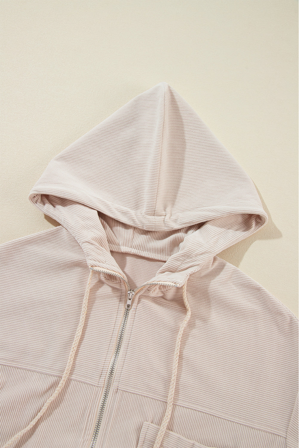 Women's Cream Corduroy Zip-Up Hooded Jacket with Pockets