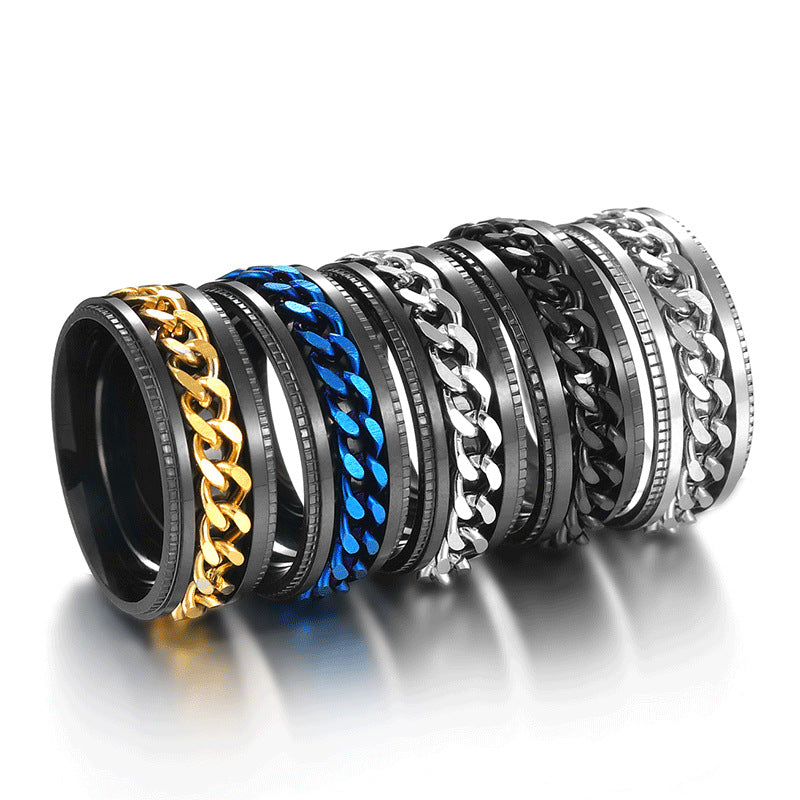Stainless Steel Rotating Cuban Chain Spinner Ring For Men