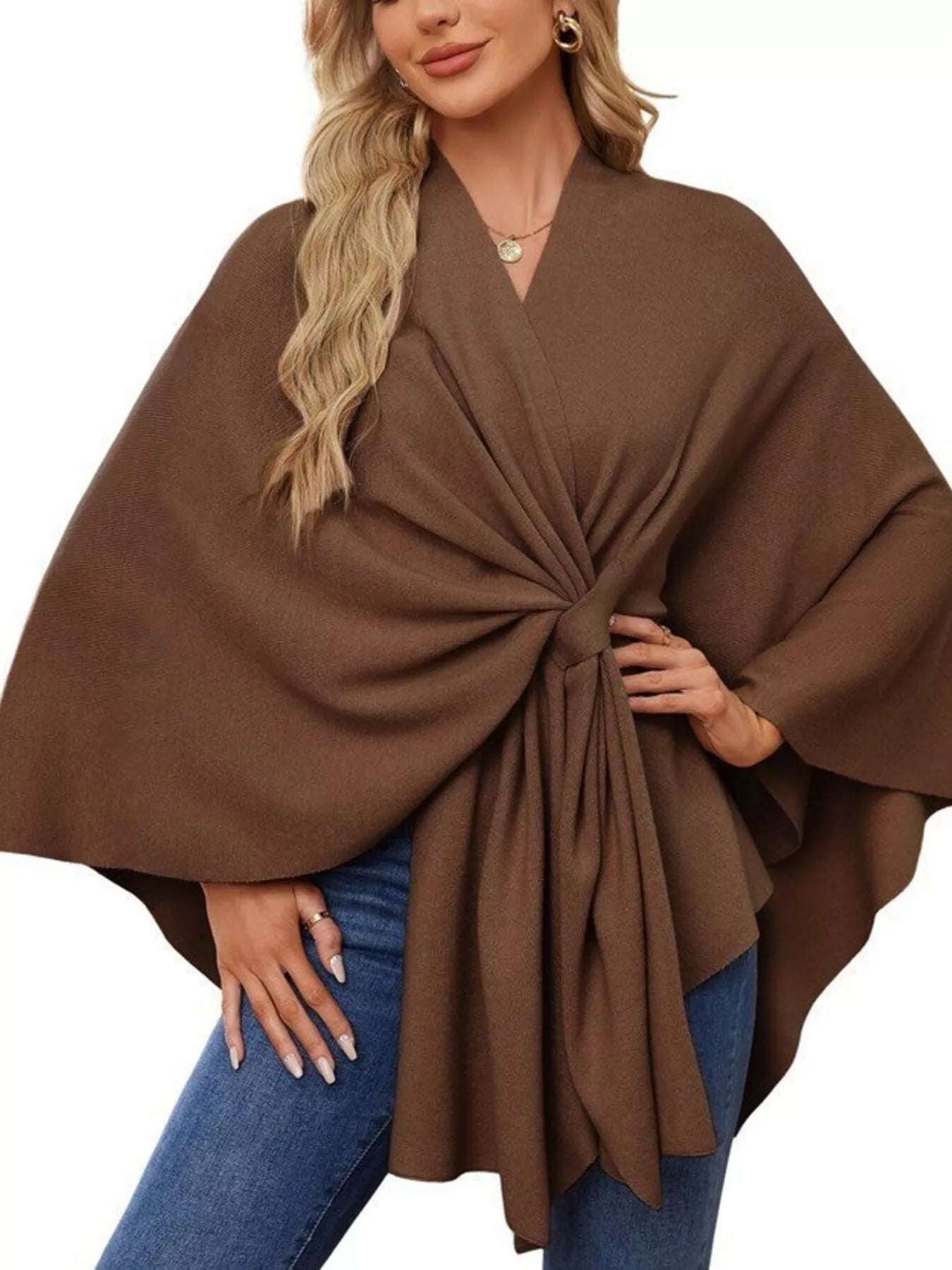 Solid Color Tie-Front Knit Cape Top