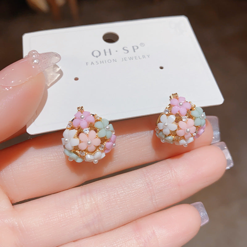Zircon Pearl Flower Earrings Fashionable Gold Office Jewelry