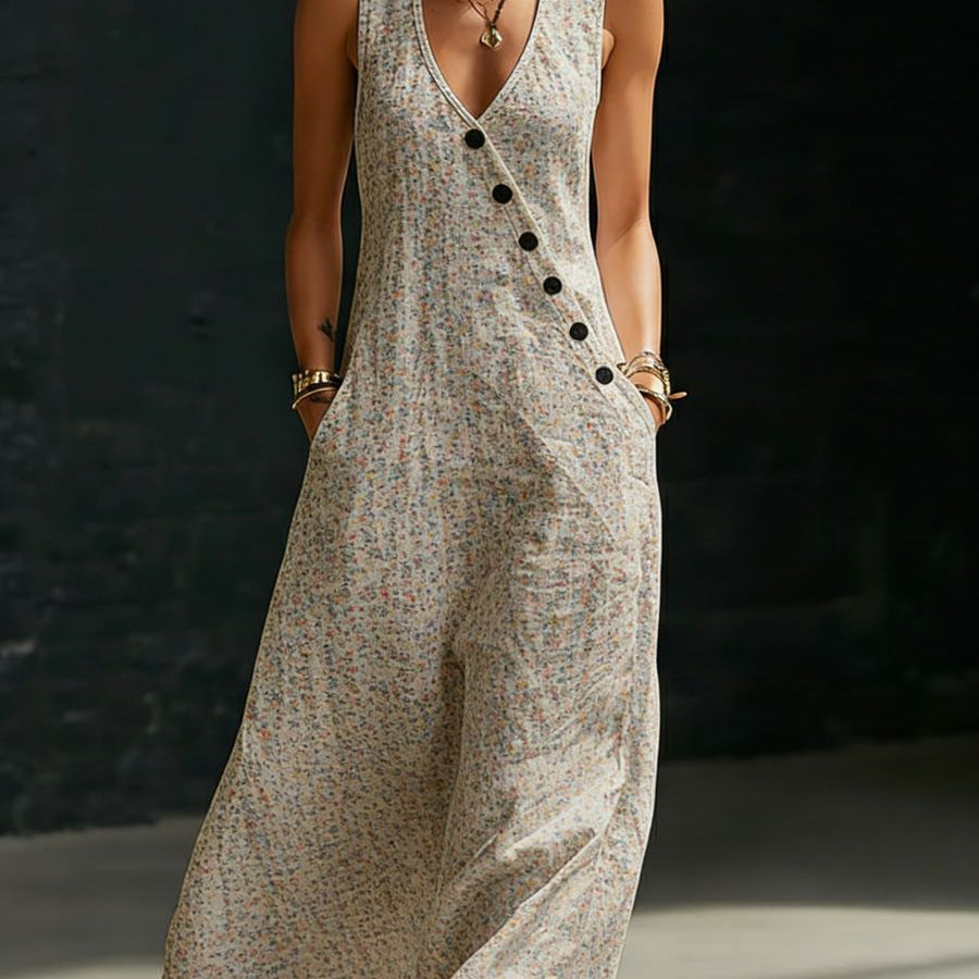 Women’s V-Neck Button-Detail Shirt and Wide-Leg Pants Set