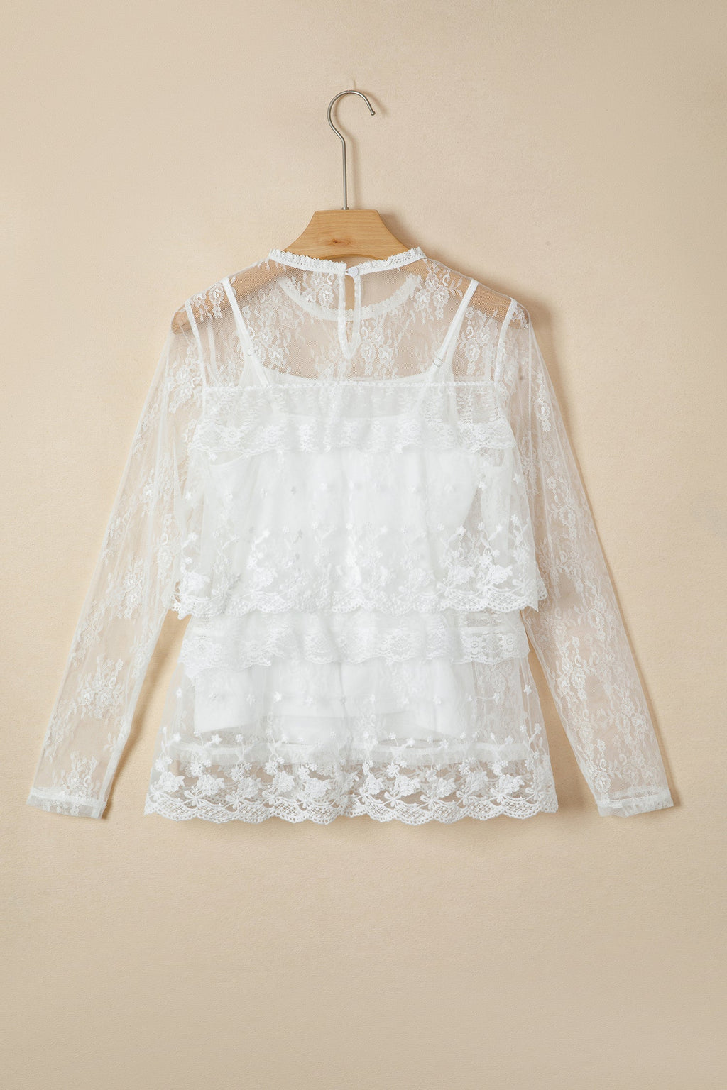 White Sheer Floral Lace Ruffle Tiered Patchwork Blouse