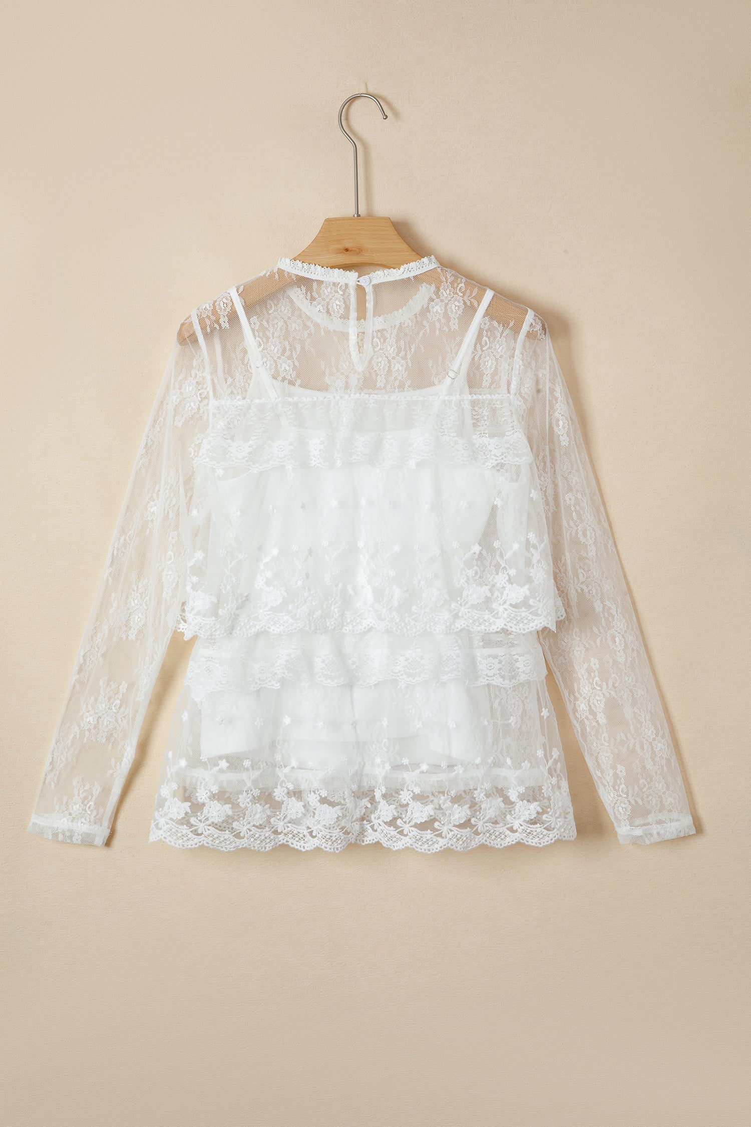 White Sheer Floral Lace Ruffle Tiered Patchwork Blouse