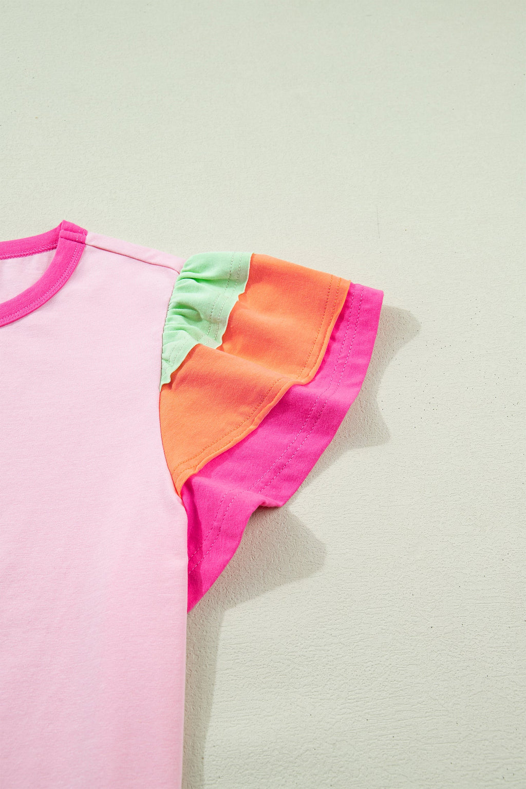 Colorblock Flutter Sleeve Round Neck T-Shirt for Women