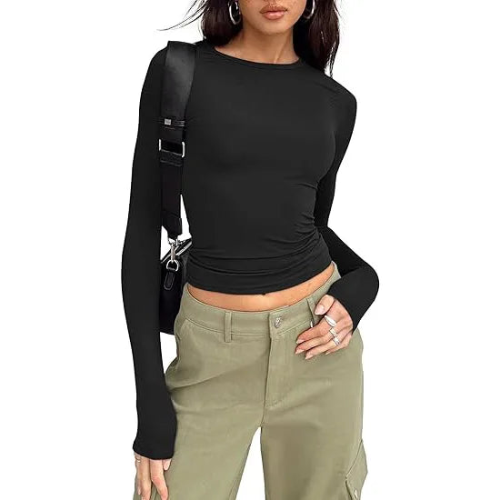 Women T-shirt Long Sleeve Crew Neck Solid Slim Fit Tee  Crop Top