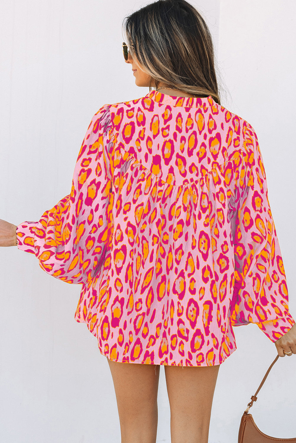 Light Beige Leopard Print Oversized Balloon Sleeve Shirt