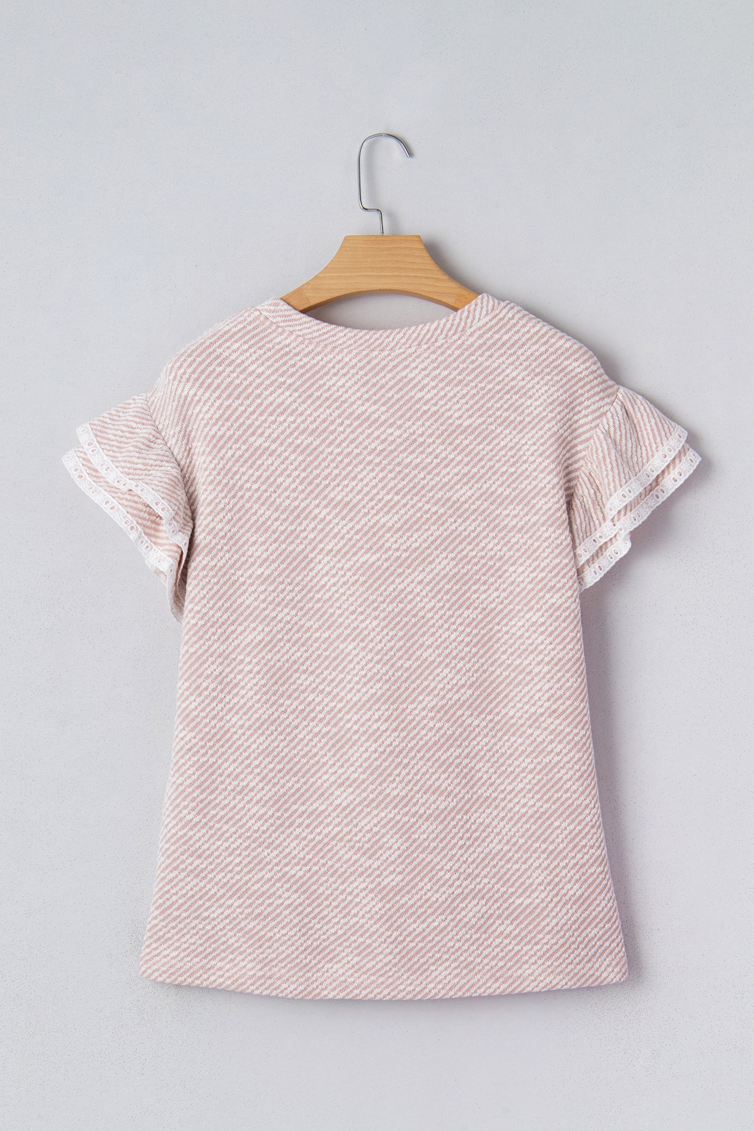 Stripe Twill Ruffle Lace Short Sleeve Blouse