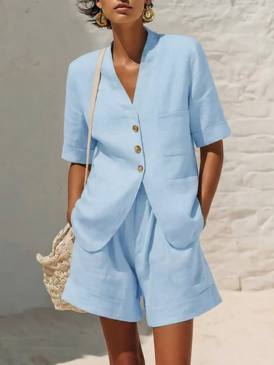 Women's Cotton-Linen Button-Down Top and Relaxed Shorts Set - Image 9