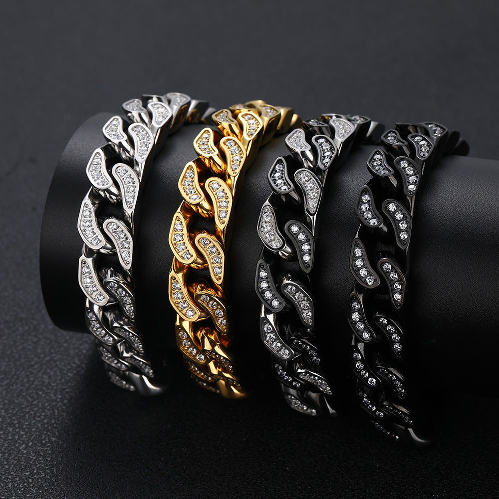 Zircon Cuban Titanium Steel Mens Bracelet