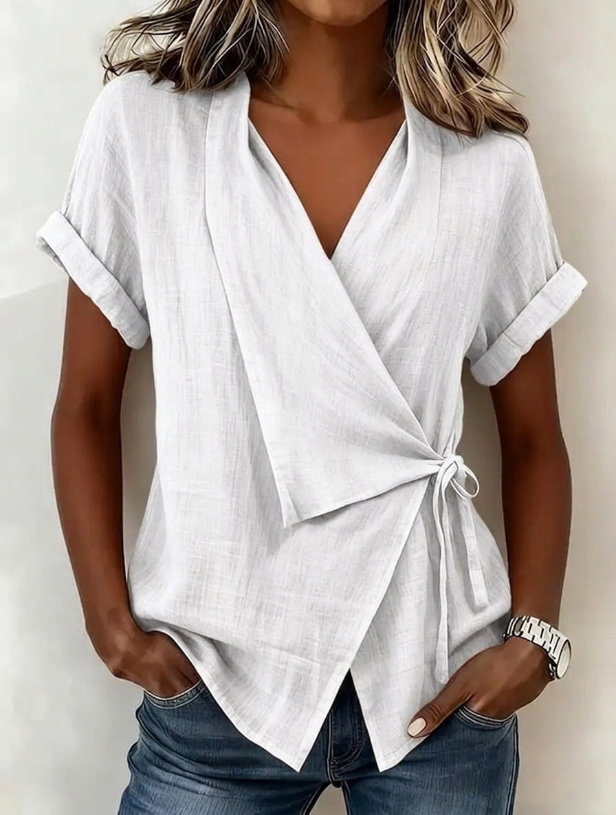 Women's Casual Lapel Collar Lace-Up Linen Blend Short-Sleeve Top - Image 11