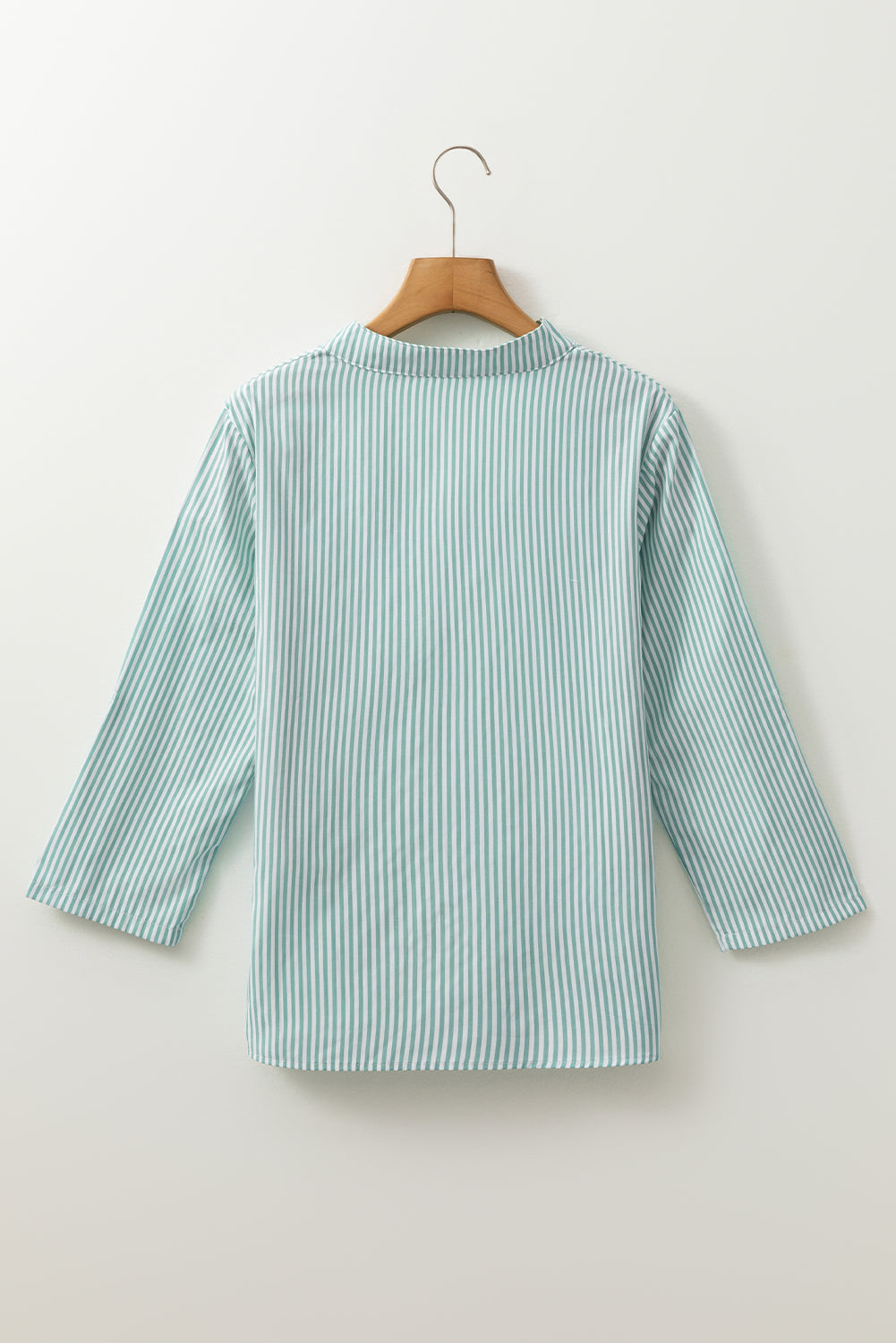 Green Stripe V-Neck Roll-Up Sleeve Shirt with Pocket Detail