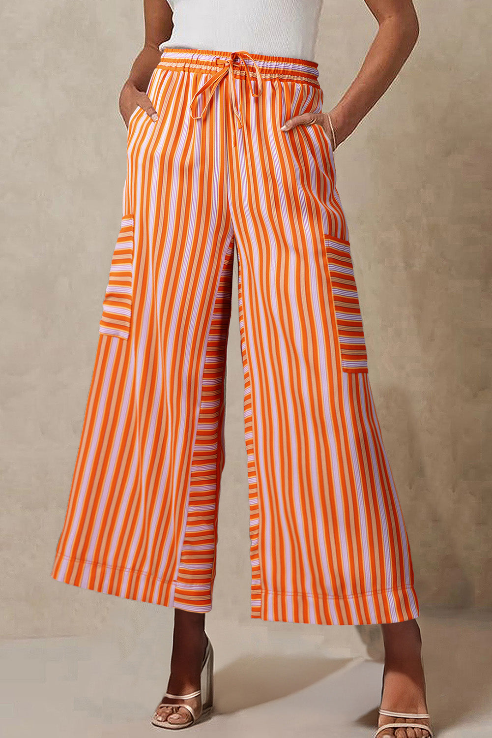 Orange Stripe Cropped Palazzo Pants with Pockets