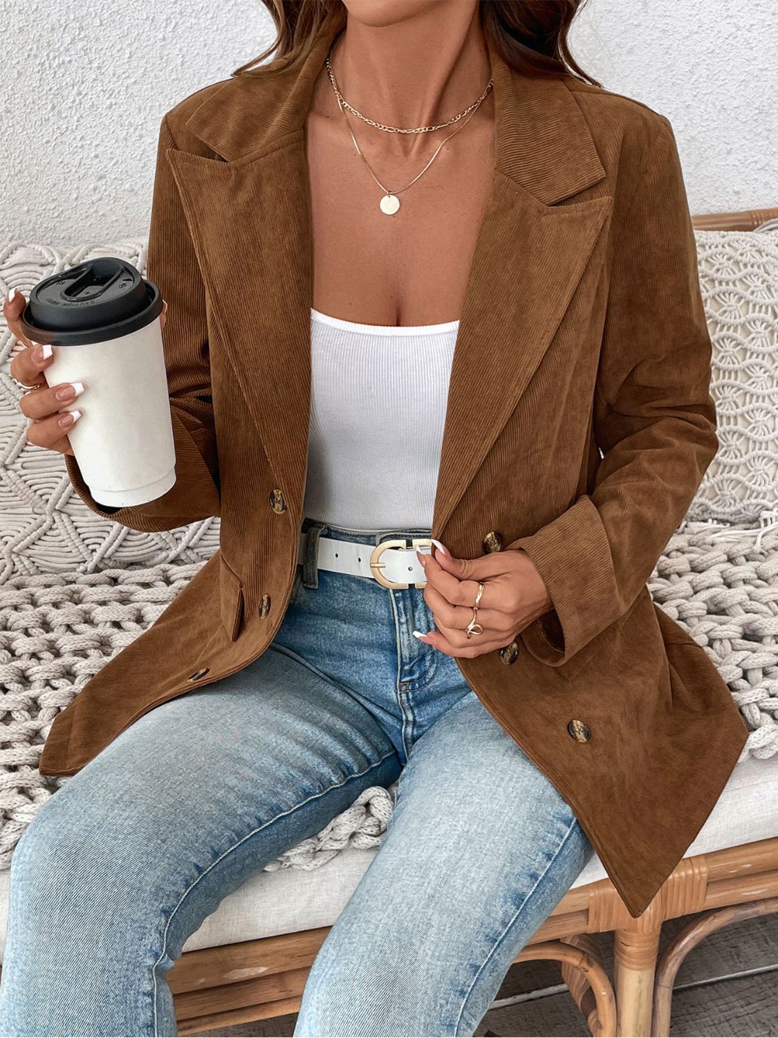Brown Corduroy Double Breasted Blazer with Flap Pockets - Image 6