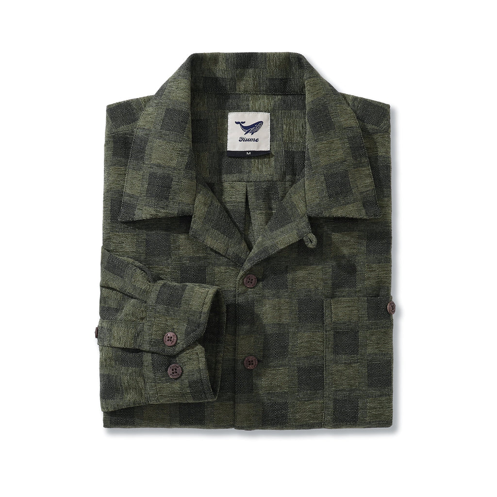 Olive Green Check Long Sleeve Hawaiian Shirt Men's Cotton