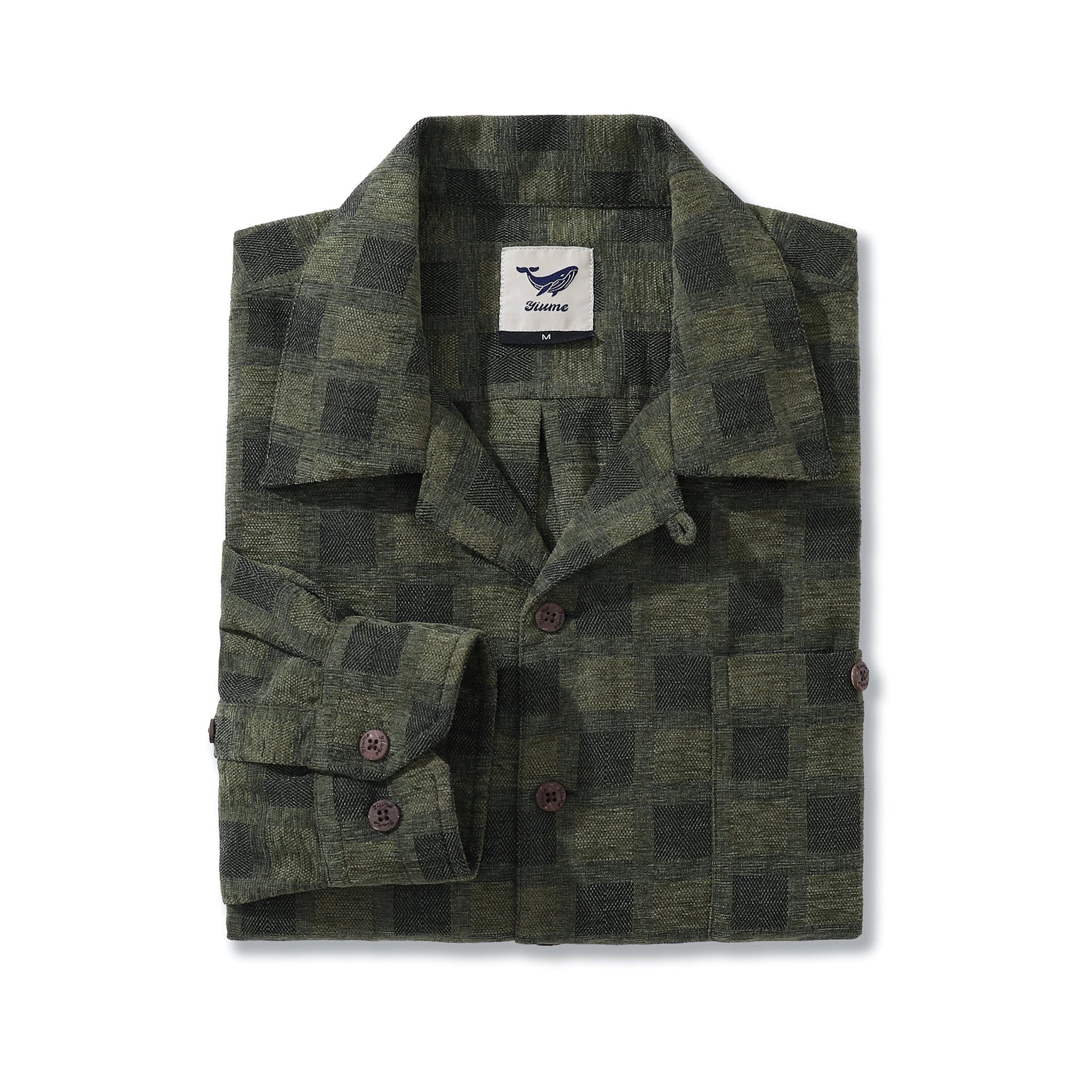 Olive Green Check Long Sleeve Hawaiian Shirt Men's Cotton
