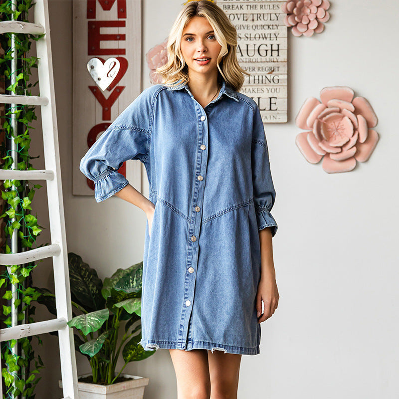 Minimalist denim mid-length dress with three-quarter sleeves and ruffle detail