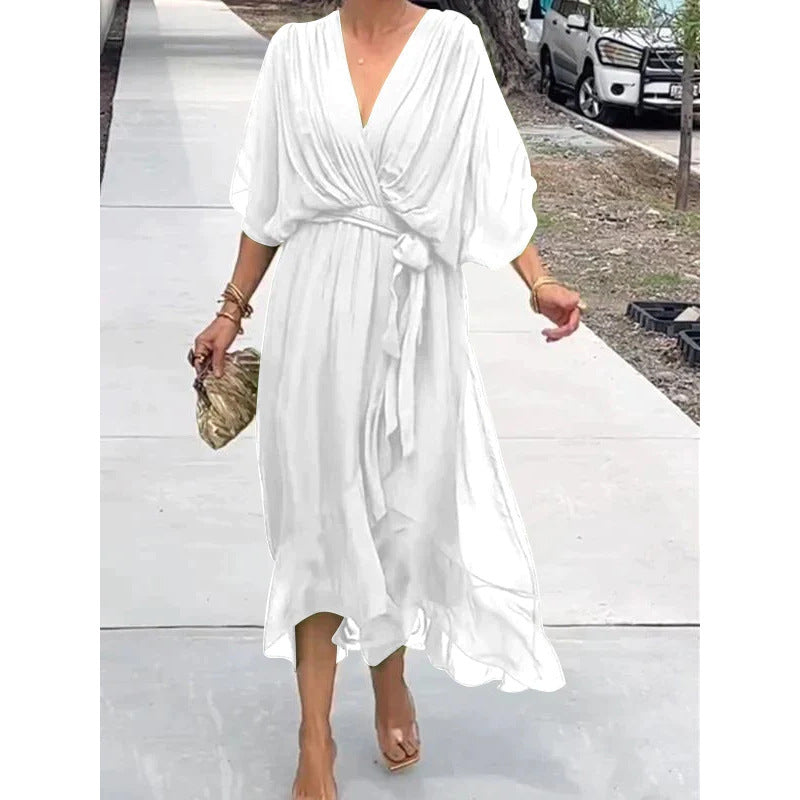 Batwing Sleeve V-Neck Fairy Dress Mid-Length Summer Casual Dress