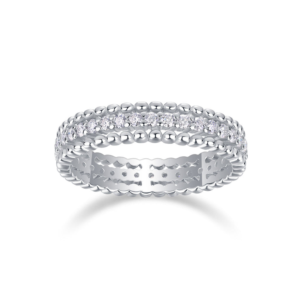 S925 Silver 2.4g Platinum Plated Moissanite Ring, 4.3mm Beaded & Pave Band, D VVS1 GRA US 5-9
