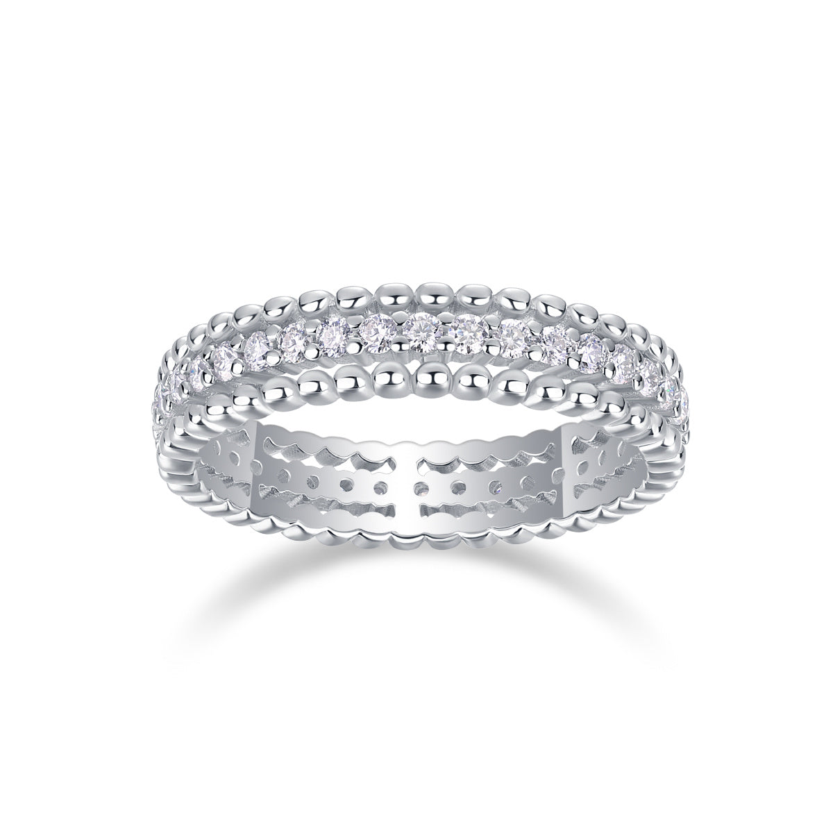 S925 Silver 2.4g Platinum Plated Moissanite Ring, 4.3mm Beaded & Pave Band, D VVS1 GRA US 5-9