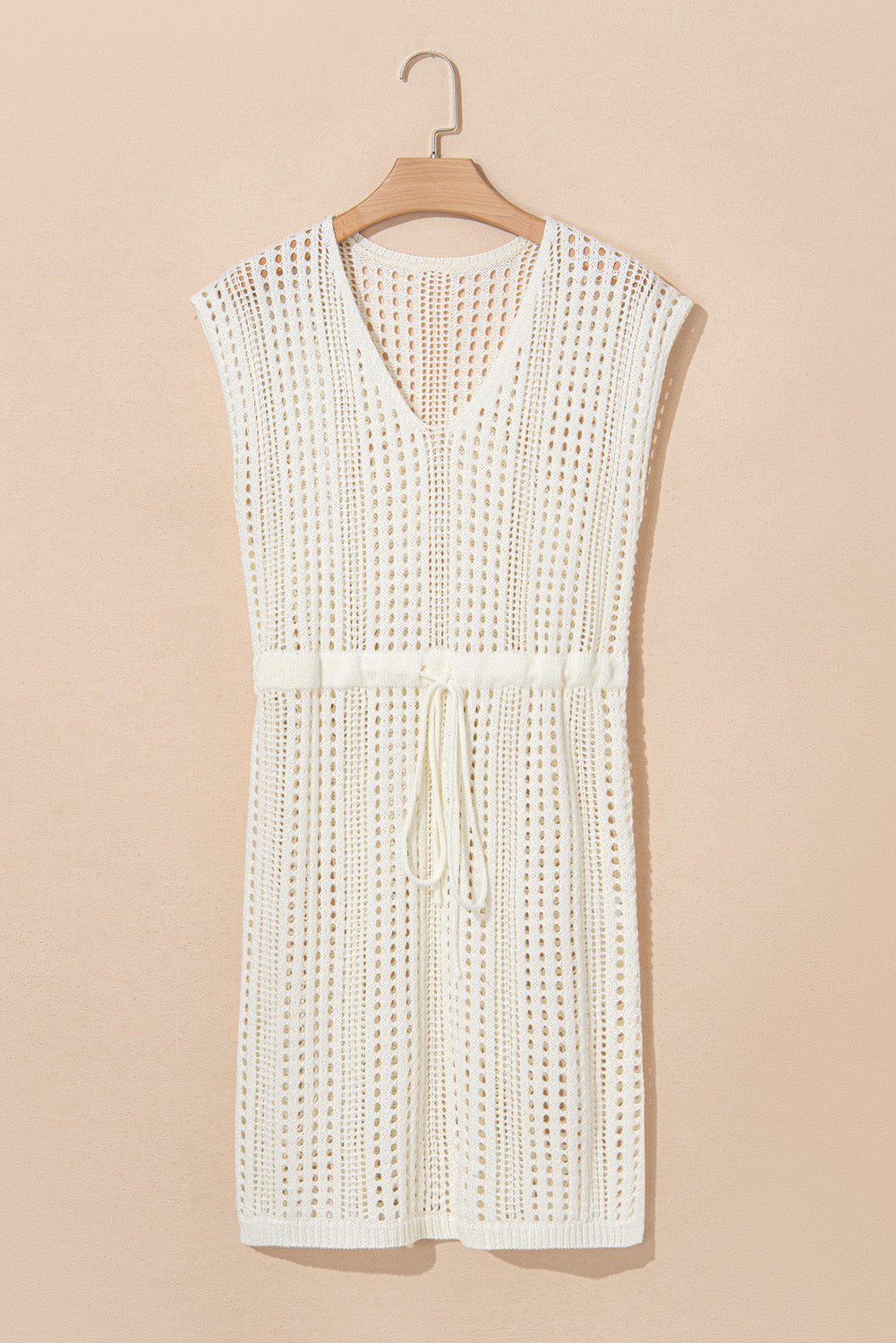 White Open Knit Drawstring Waist Beach Dress