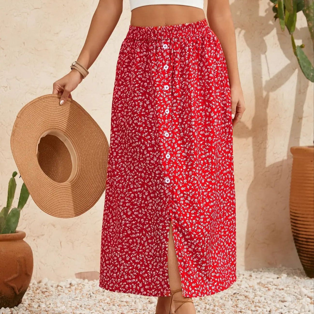Bohemian Floral Print A-Line Skirt with Self-Tie Waist